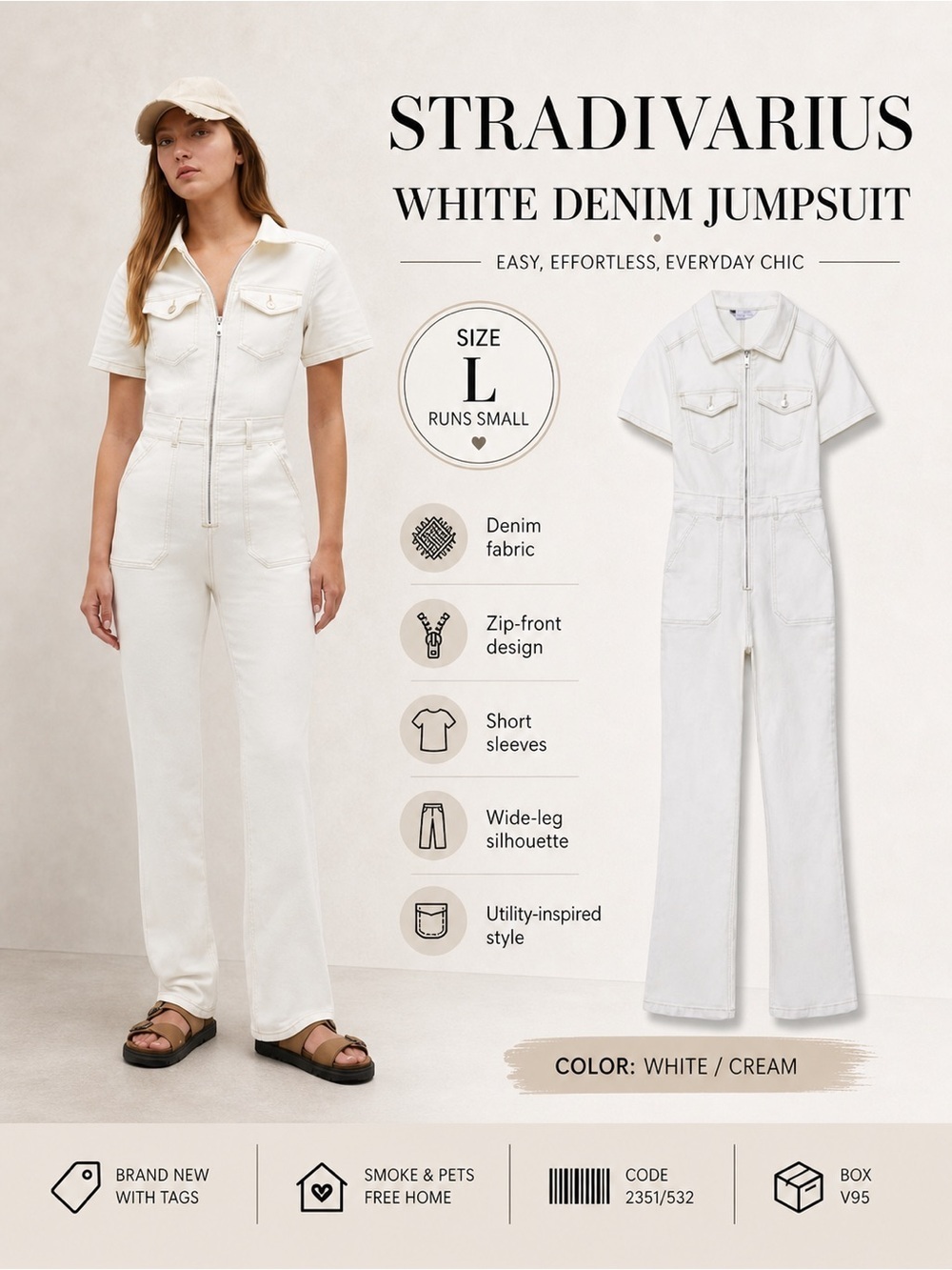 Stradivarius White Denim Utility Jumpsuit Size L NWT Zip Front Wide Leg One Piec